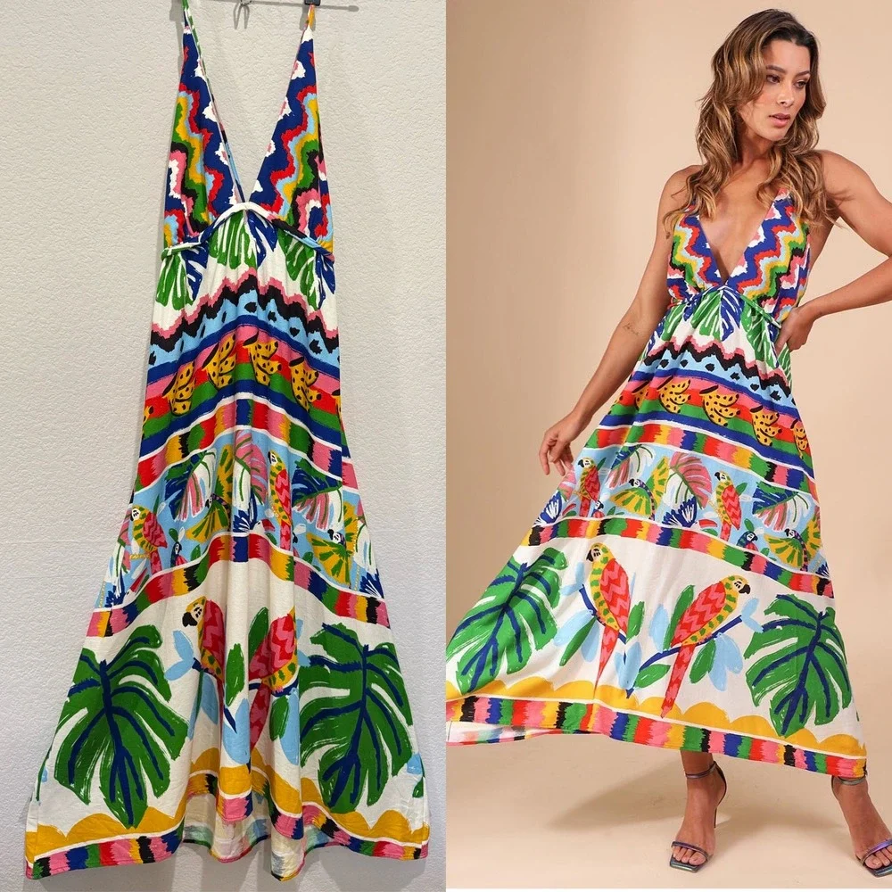 FARM Rio Tropical Print Maxi Dress Small Colorful Birds V Neck Backless Linen